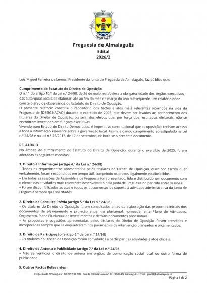 Edital n&ordm; 2/2026 - Cumprimento estatuto do direito oposi&ccedil;&atilde;o