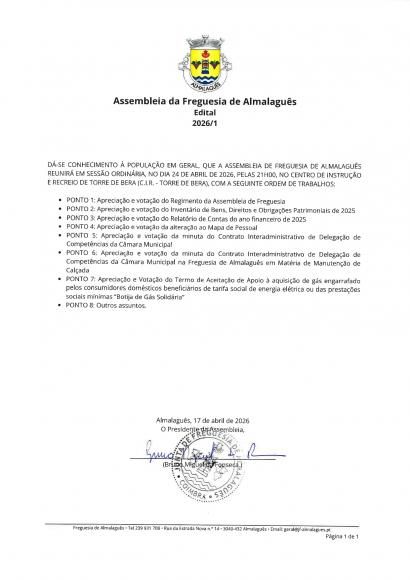Edital 2026/1 - 	Assembleia Freguesia