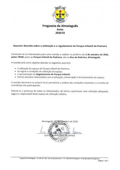 Aviso n&ordm; 33 - Reuni&atilde;o Presencial - Regulamento Parque Infantil